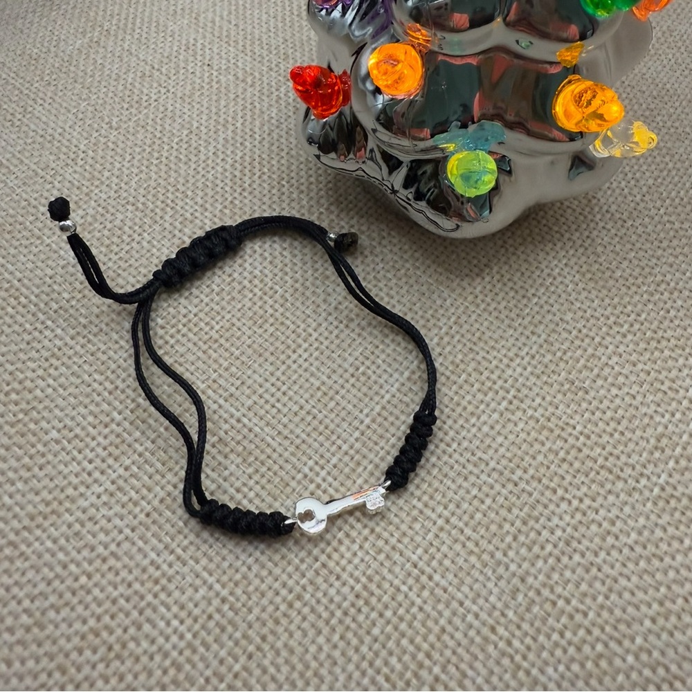 Black Cord Bracelet with Silver Key Charm 925